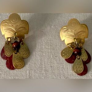 Elegant Gold and Red Dangle Pierced Earrings